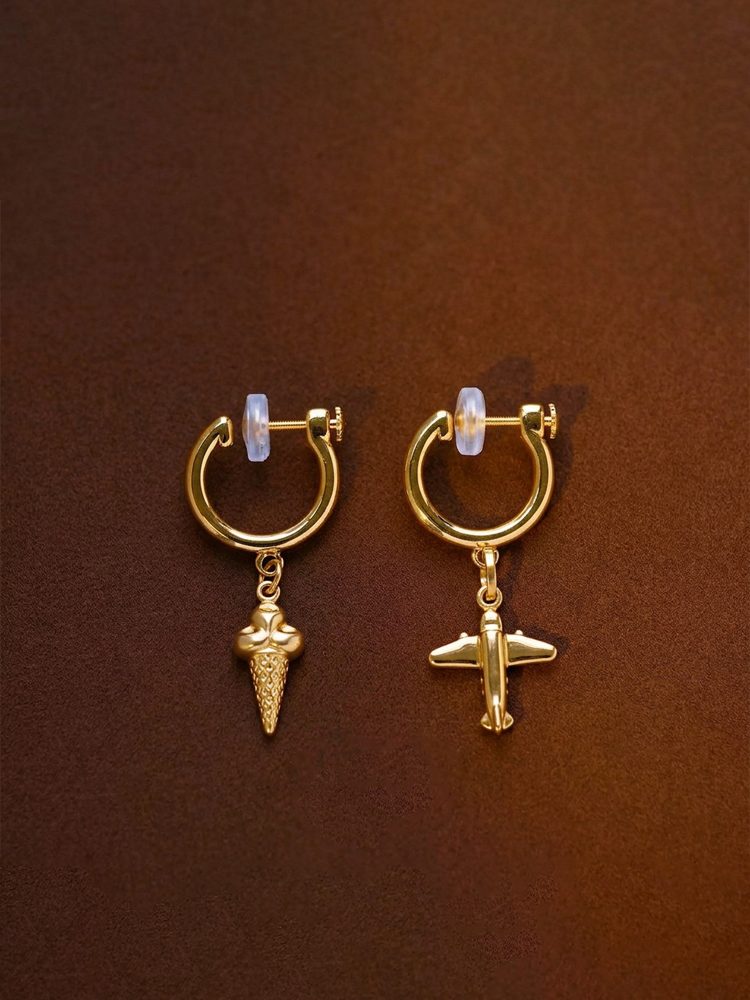 18K Gold-Plated – Airplane & Ice Cream Design, Comfortable Non-Pierced Spiral Ear Clips Screw Back Clip-On Earrings