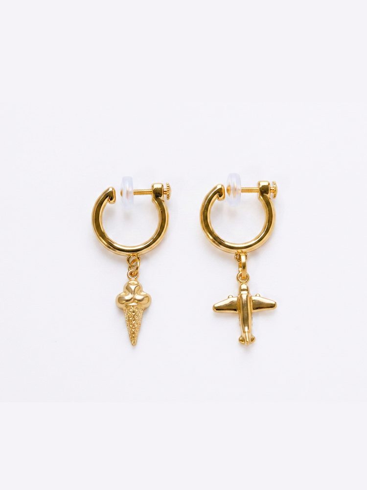 18K Gold-Plated – Airplane & Ice Cream Design, Comfortable Non-Pierced Spiral Ear Clips Screw Back Clip-On Earrings