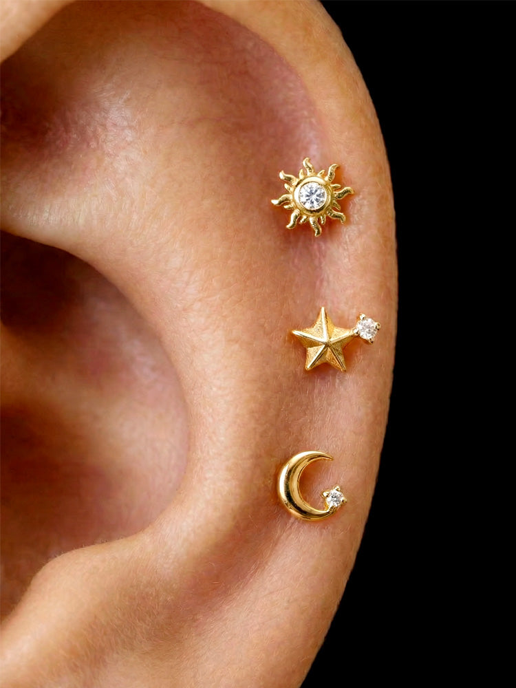 18k Gold Plated minimalist star moon sun stud earr