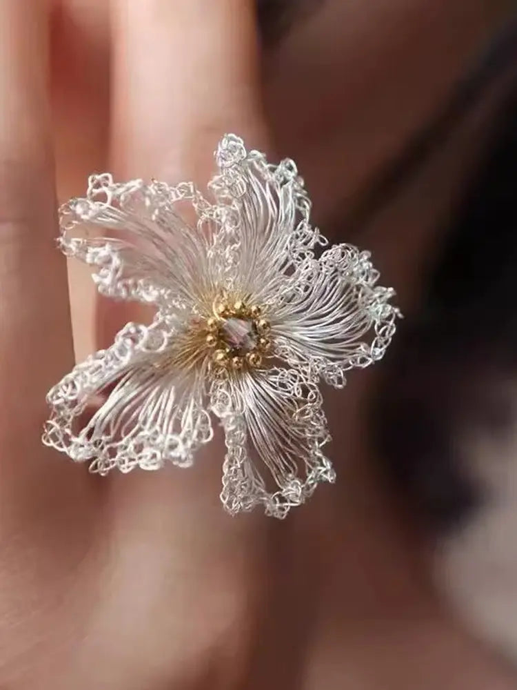 Hand-Crocheted Camellia Earrings with Crystal Acce - view 2