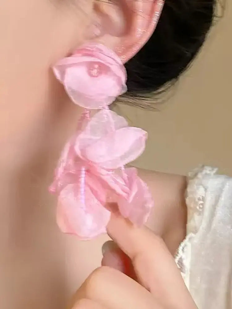 Woven Gauze Bloom Vibrant Stamen Drop Earrings Clip-ons