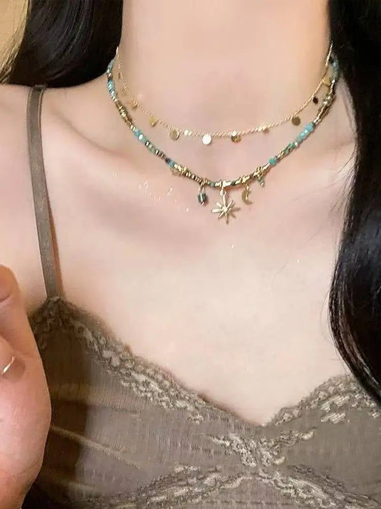 Collier ras-de-cou bohème vintage à plusieurs rangs de tournesols