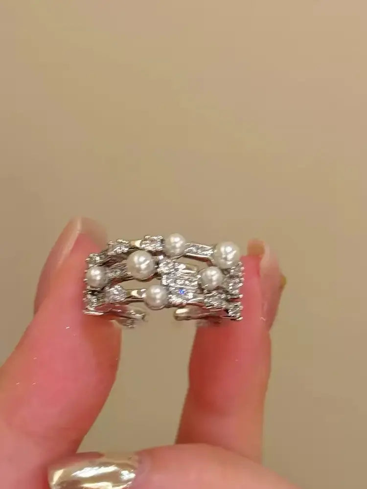 Delicate silver spring elegant female pearl small flower open rings set