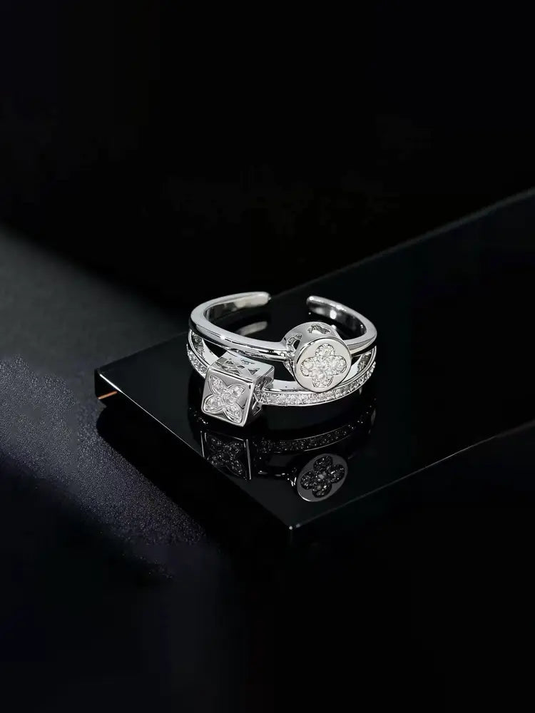 Vintage small flower and small square elite luxury open ring