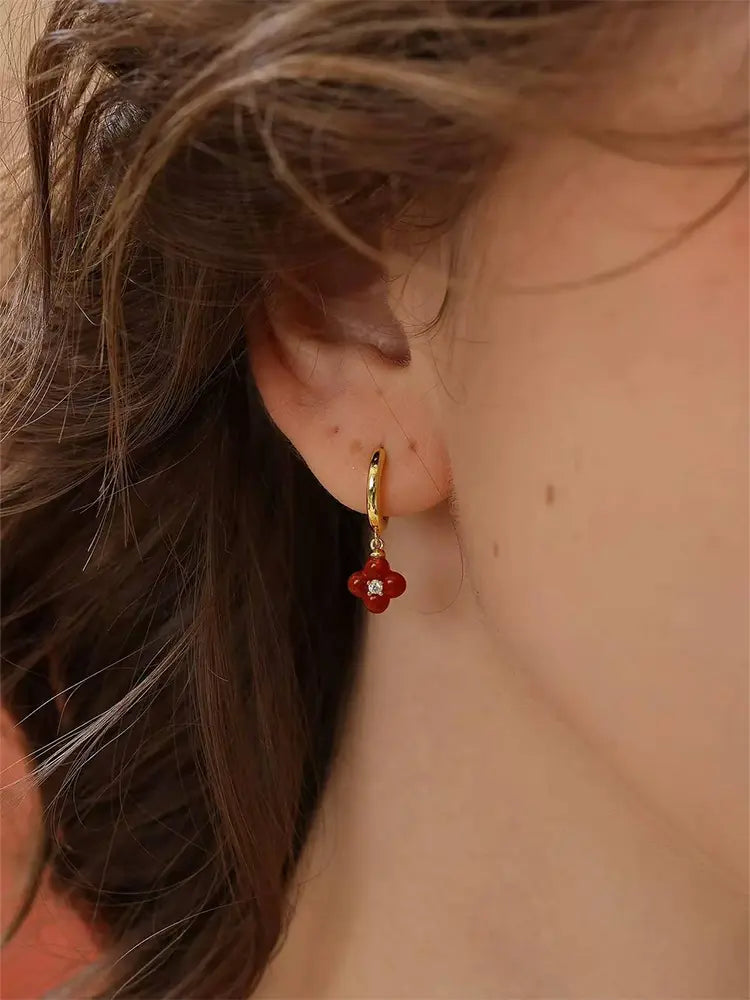 316L Clover flower earrings red 18k gold plated Wo - view 2