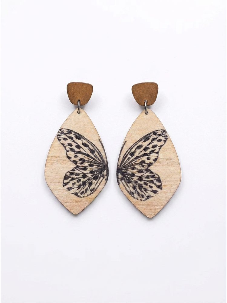 Travel butterfly textured handmade wooden earrings - view 3