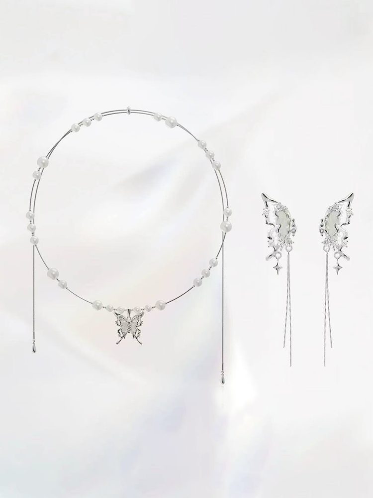 Fairy Butterfly Spring Jewelry Set – Adjustable Necklace Earrings Studs & Clip-On Earrings (No Piercing Required)
