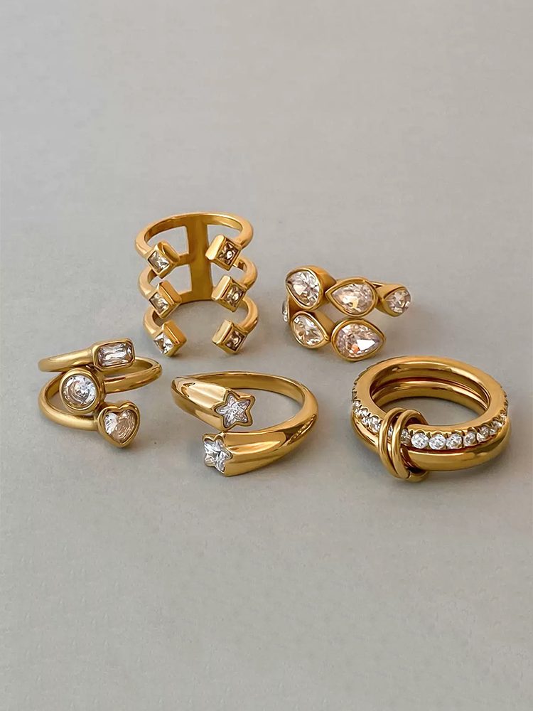 5-Piece Ring Set | Ring Box Stainless Steel Ring Zircon Gold 18K gold- plated