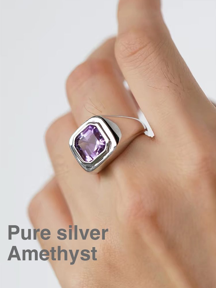 S925 Sterling Silver Square “Sugar Cube” Gemstone Ring, Colorful Amethyst & Citrine Fashion Ring, Unisex Design