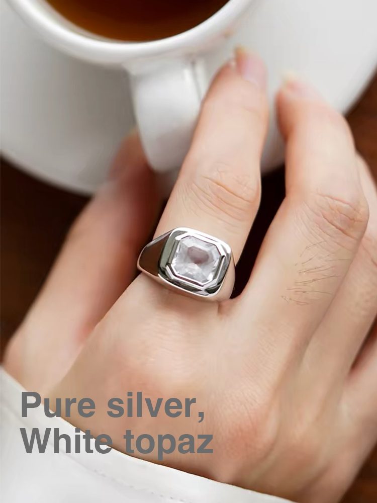 S925 Sterling Silver Square “Sugar Cube” Gemstone Ring, Colorful Amethyst & Citrine Fashion Ring, Unisex Design