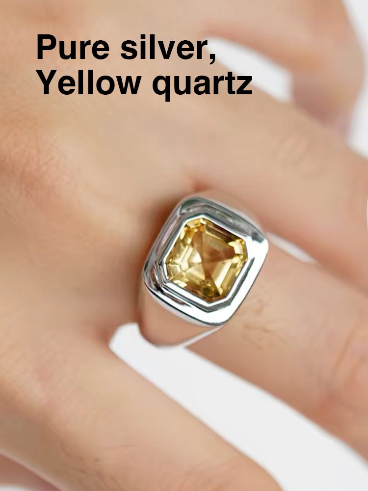 S925 Sterling Silver Square “Sugar Cube” Gemstone Ring, Colorful Amethyst & Citrine Fashion Ring, Unisex Design