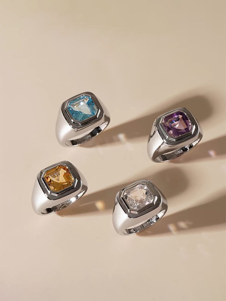 S925 Sterling Silver Square “Sugar Cube” Gemstone Ring, Colorful Amethyst & Citrine Fashion Ring, Unisex Design