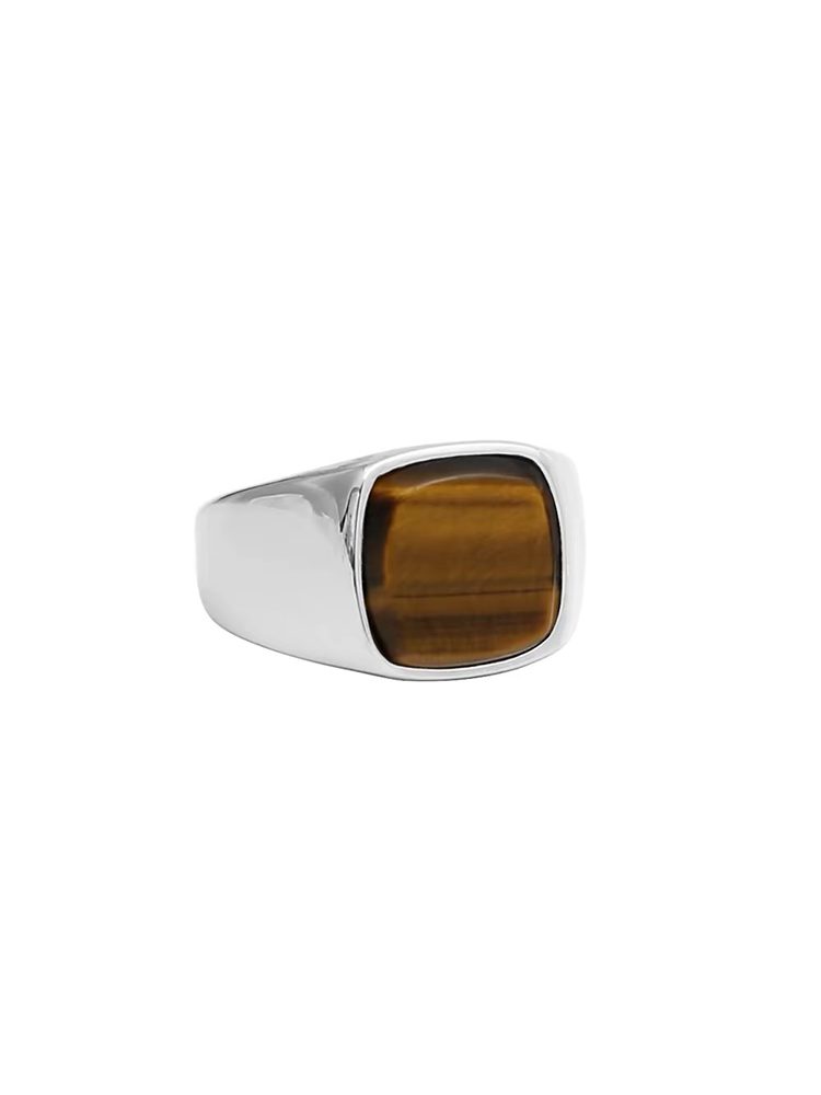 Stainless Steel Natural Stone Signet Ring, Square Black Onyx / Tiger Eye / Marble Statement Ring for Men & Women