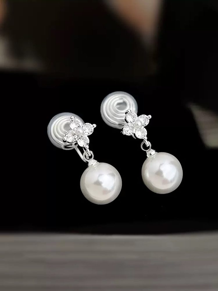 Classic Zircon Pearl-Style Earrings, Stud & Clip-On Design, Elegant Non-Pierced Earrings for Women