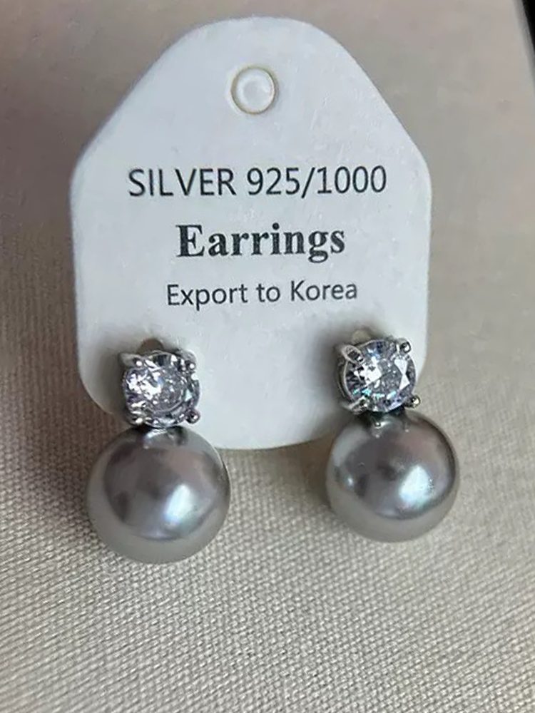 Minimalist Faux Pearl Earrings, White & Grey Zircon Accent, S925 Sterling Silver Stud & Clip-On Earrings for Non-Pierced Ears