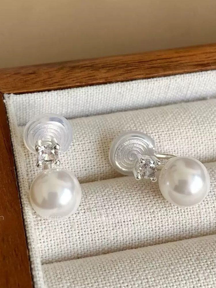 Minimalist Faux Pearl Earrings, White & Grey Zircon Accent, S925 Sterling Silver Stud & Clip-On Earrings for Non-Pierced Ears