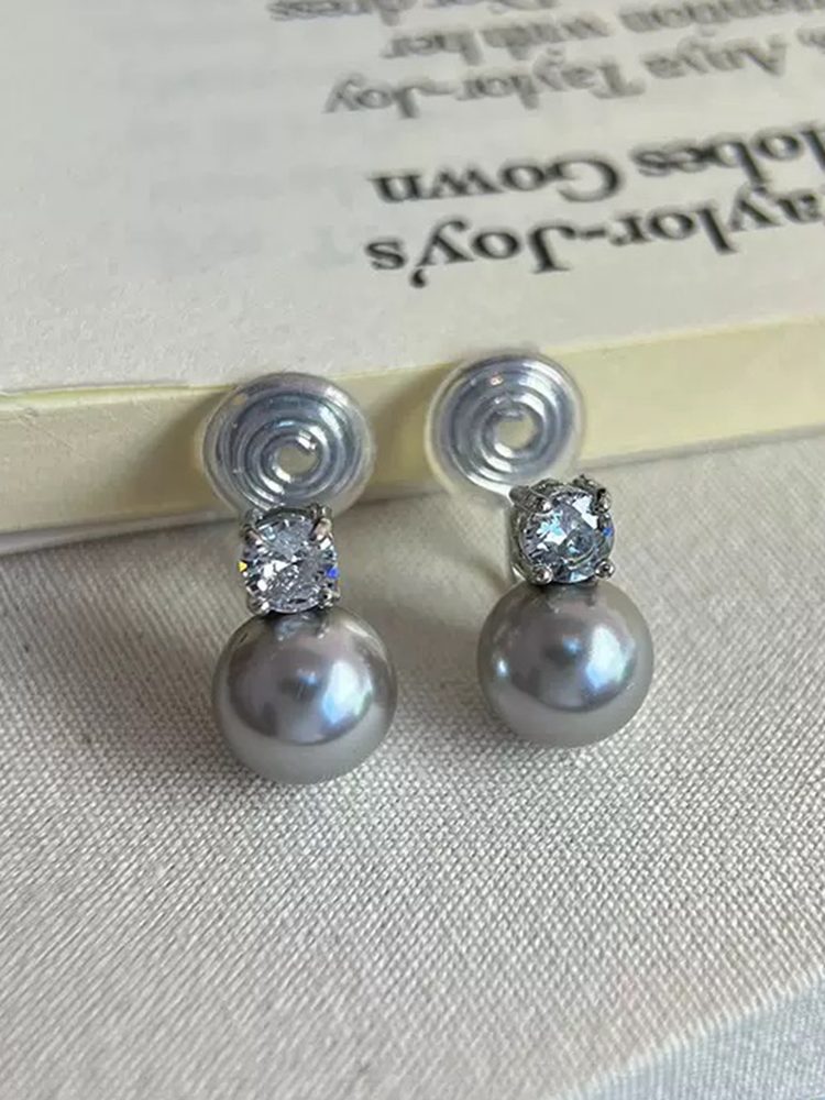 Minimalist Faux Pearl Earrings, White & Grey Zircon Accent, S925 Sterling Silver Stud & Clip-On Earrings for Non-Pierced Ears