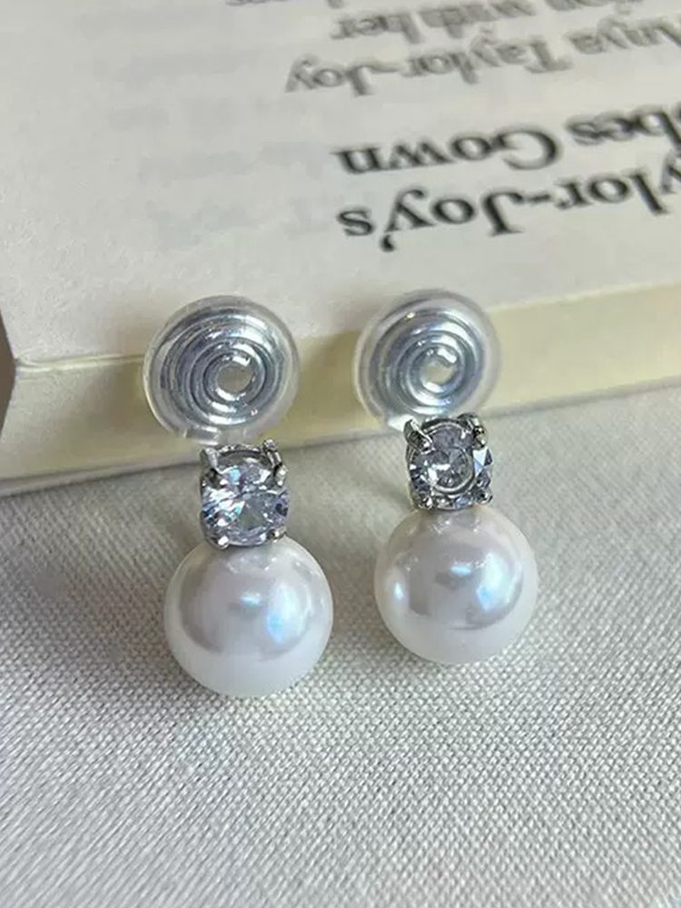 Minimalist Faux Pearl Earrings, White & Grey Zircon Accent, S925 Sterling Silver Stud & Clip-On Earrings for Non-Pierced Ears
