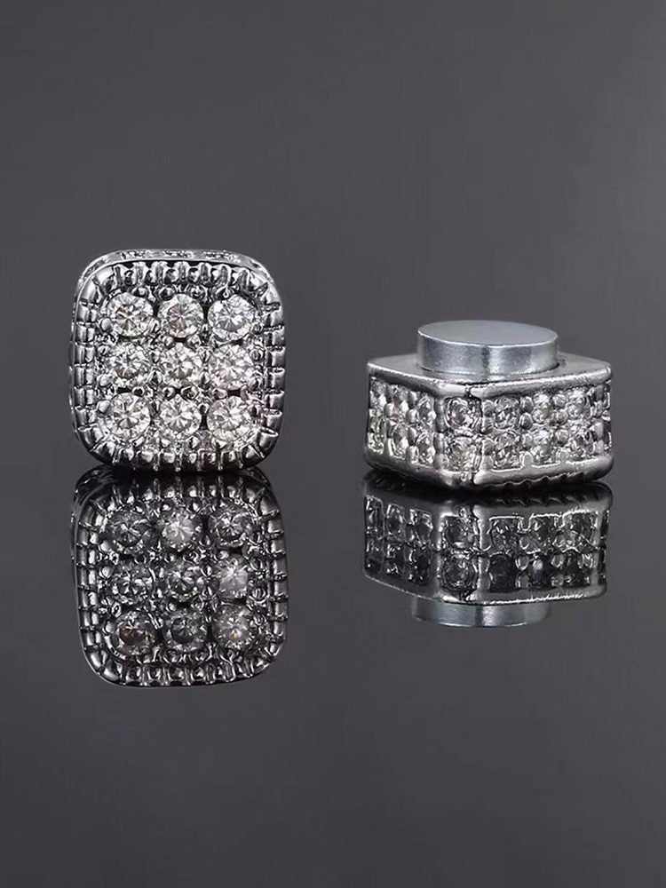 2PCS Silver Zircon Magnetic Earrings Set Circle & Square