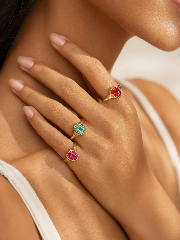 3-PCS Gold Tone Candy Gem Ring Vintage Colorful Cubic Zirconia Statement Ring Set Retro Fashion Jewelry