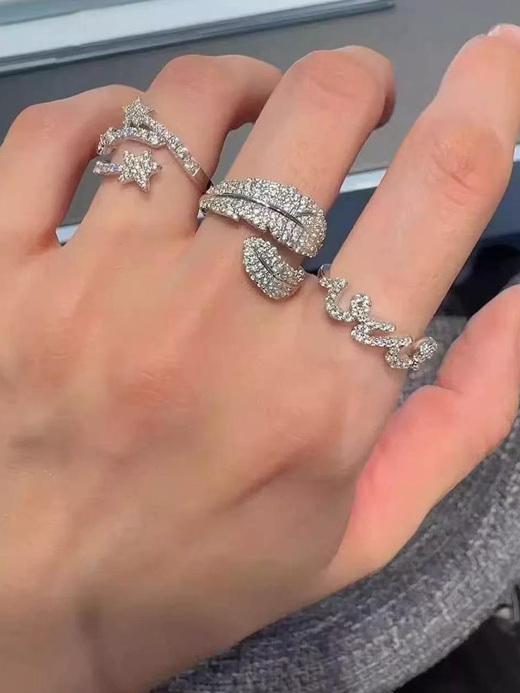 F136 2026 stainless steel star sparkle open 3 ring set Detail View — Waterproof & Hypoallergenic