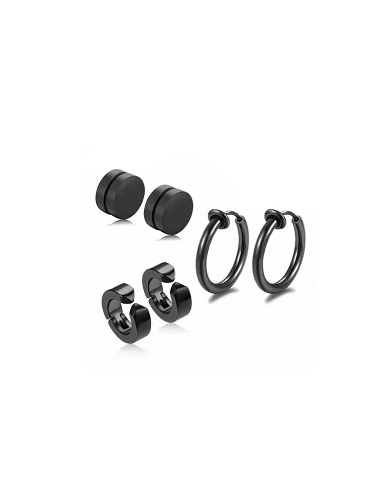 3PCS Men’s Black Color Hoop Magnetic Earrings Set