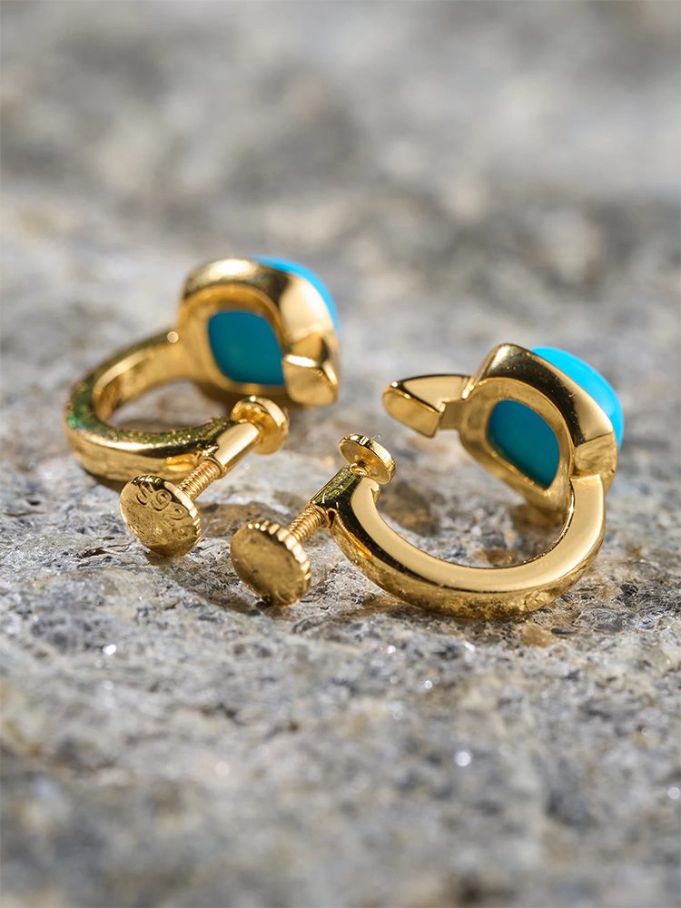 Adjustable Gold Plated Sterling Silver Ear Cuff, Turquoise Ear Clip for Men and Women, No Piercing Required