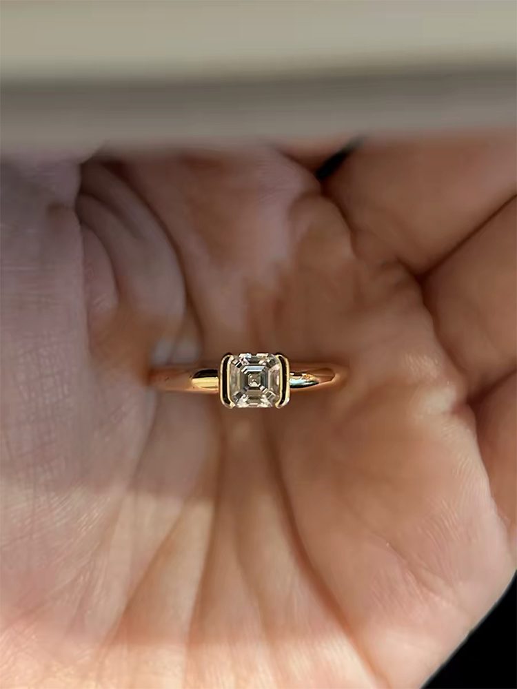 Asscher Cut Clear Cubic Zirconia Ring, Gold Tone Statement Ring, Vintage Inspired Square Stone Jewelry