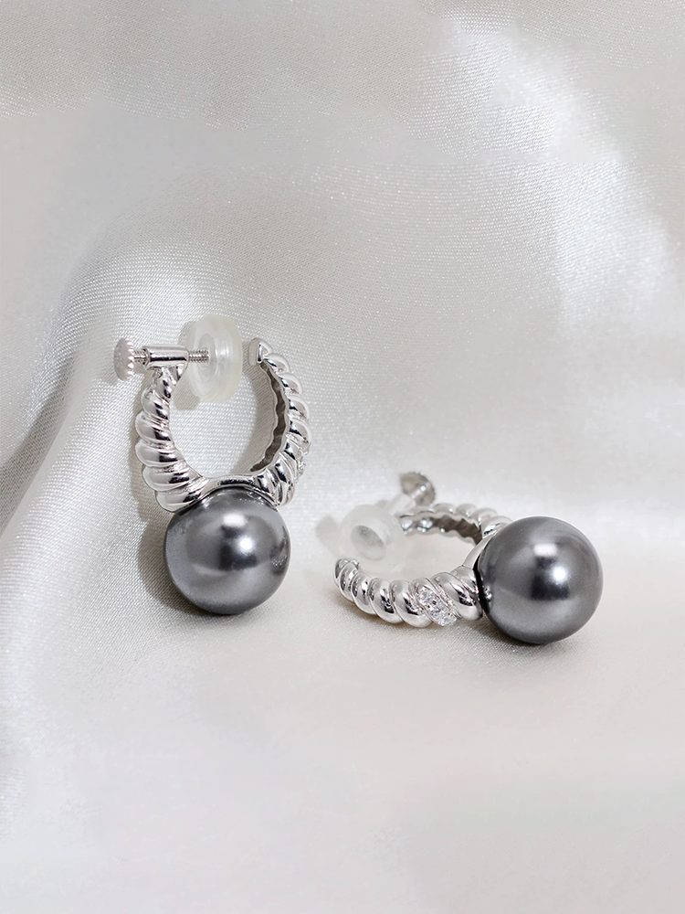 Black Faux Pearl Spiral – Gold Plated Non-Pierced Screw Back Clip-On Earrings Comfort Everyday