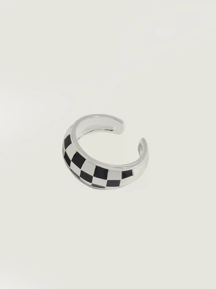 Shakespeare White Checkered Pattern Ring Enamel Geometric Adjustable Opening