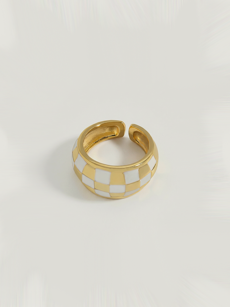 Shakespeare White Checkered Pattern Ring Enamel Geometric Adjustable Opening