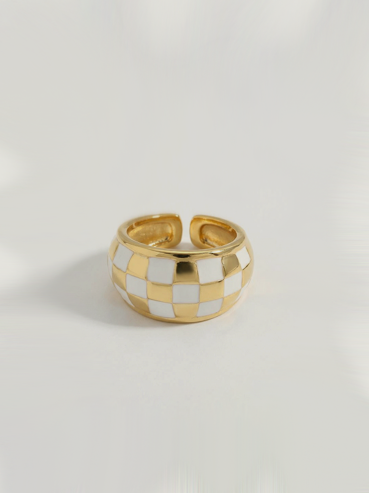Shakespeare White Checkered Pattern Ring Enamel Geometric Adjustable Opening