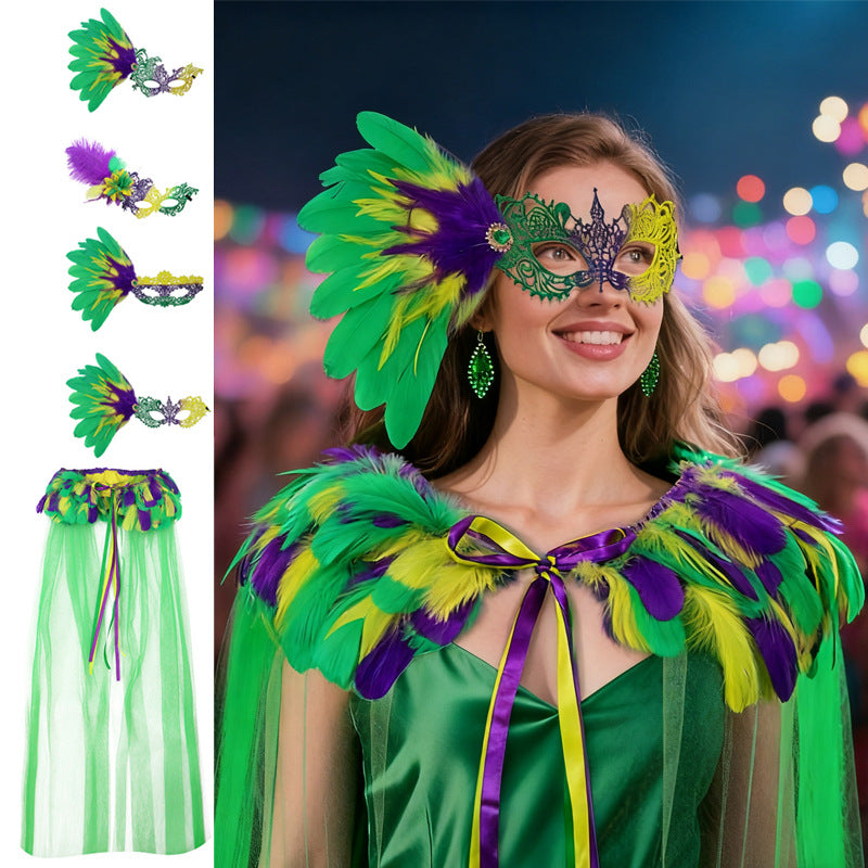 Clothing three-color feather suit, half-face mask, accessories, shawl, cosplay costume props for World Cup Carnival