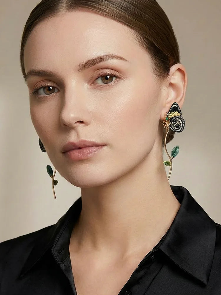 Embroidered butterfly ethnic-style drop earrings Side View — 18K Gold Plated
