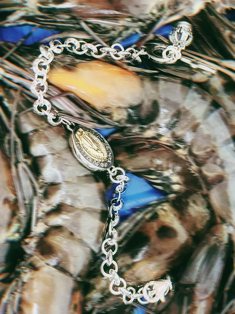 Fairies Whisper Fish Market Religious medallion bracelet featuring Nuestra Señora de Guadalupe