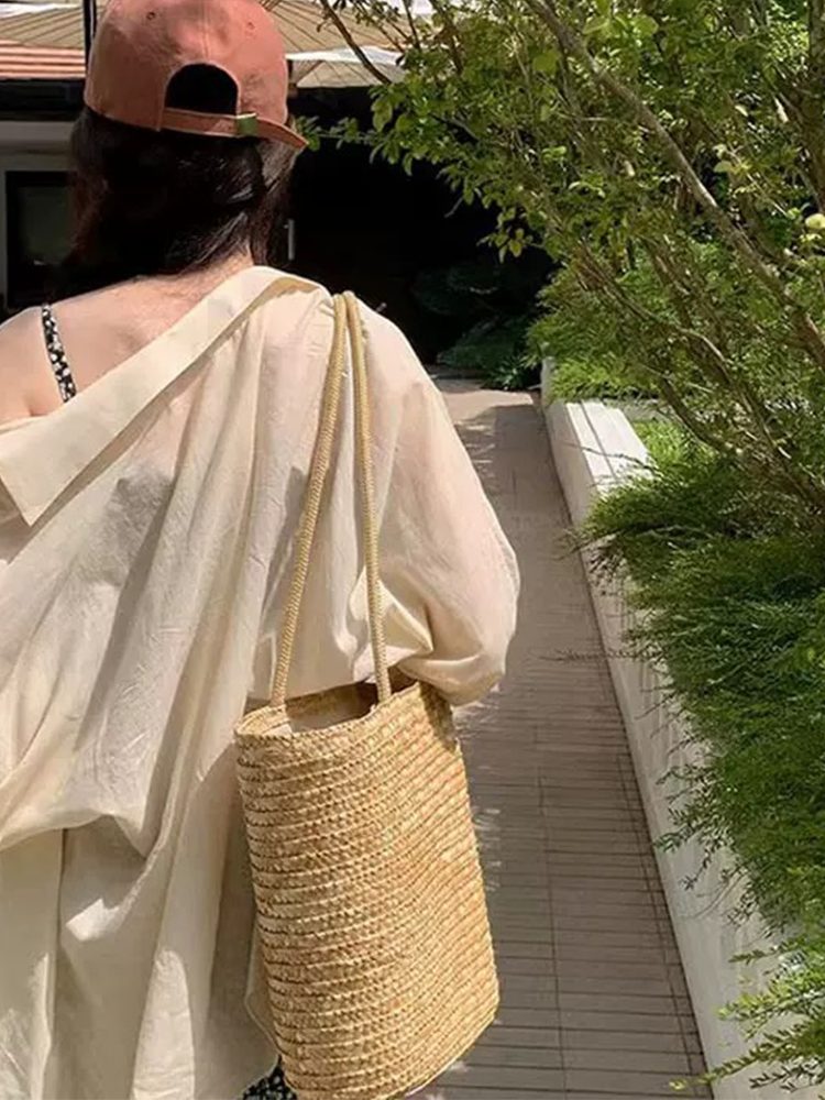 Fashion Large Woven Tote Bag Minimalist Solid Color