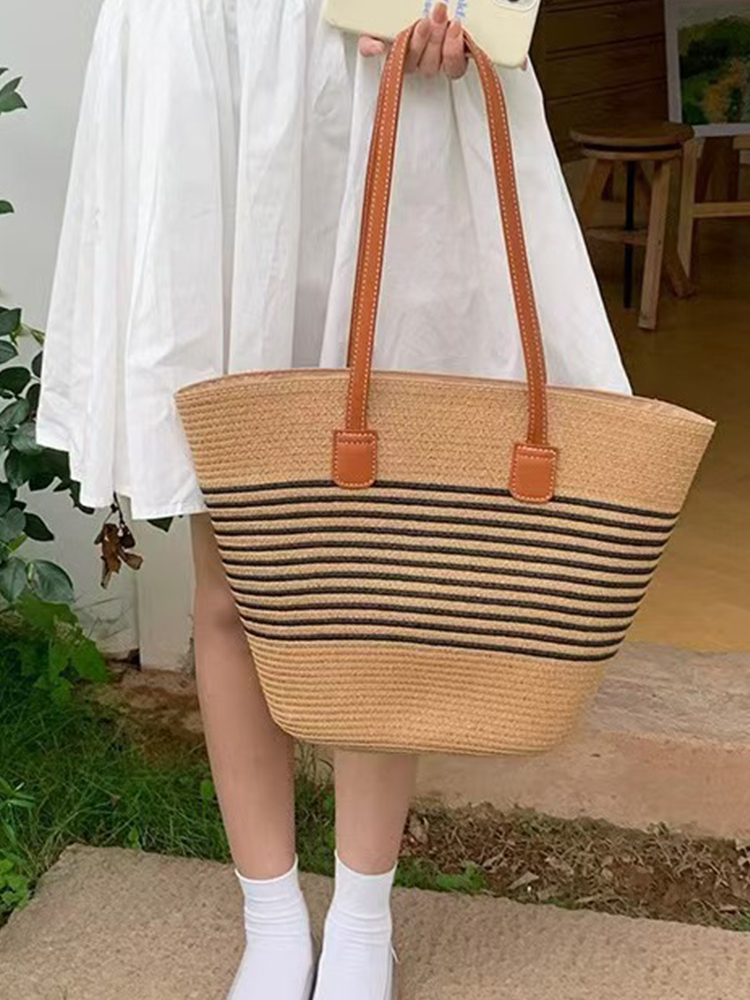 Fashion Riviera Striped Straw Tote Bag Summer Beach