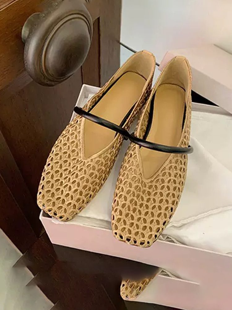 French Square Toe Hollow Woven Slingback Flats Shoes