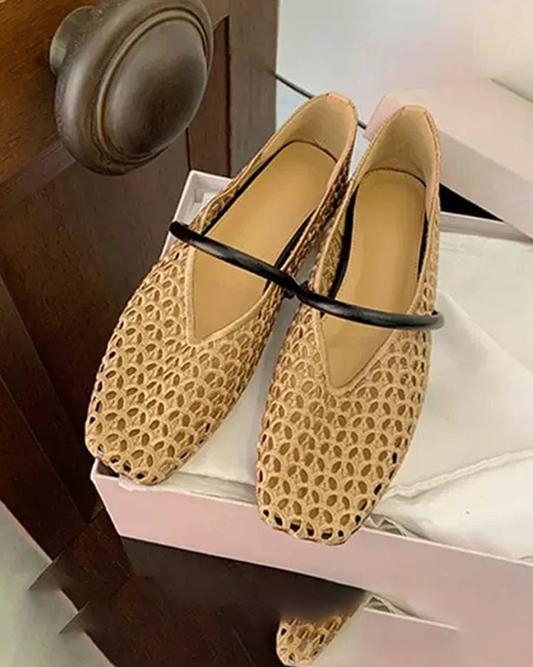 French Square Toe Hollow Woven Slingback Flats Shoes