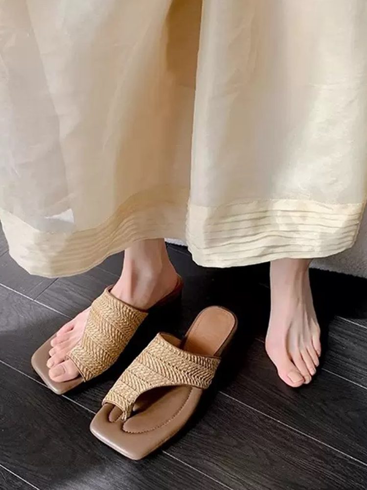 French Vintage Woven Toe-Loop Block Heel Sandals Shoes