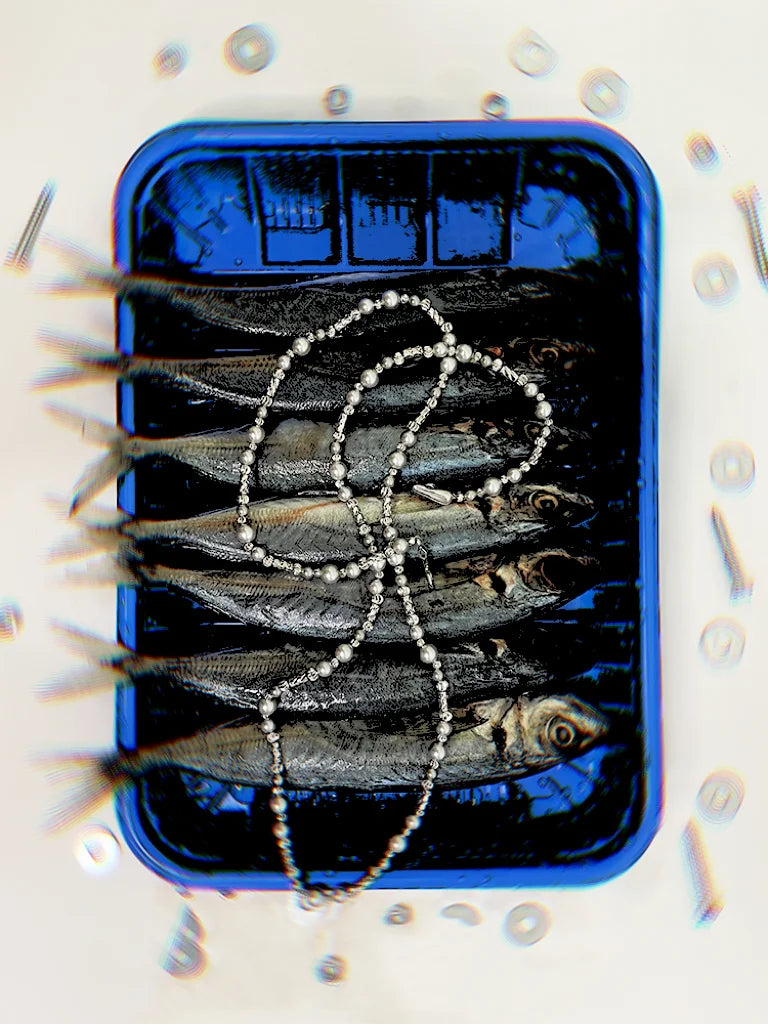 Fairies Whisper “Seaweed” silver long necklace, matte pearl-like beads with reflective metal accents.