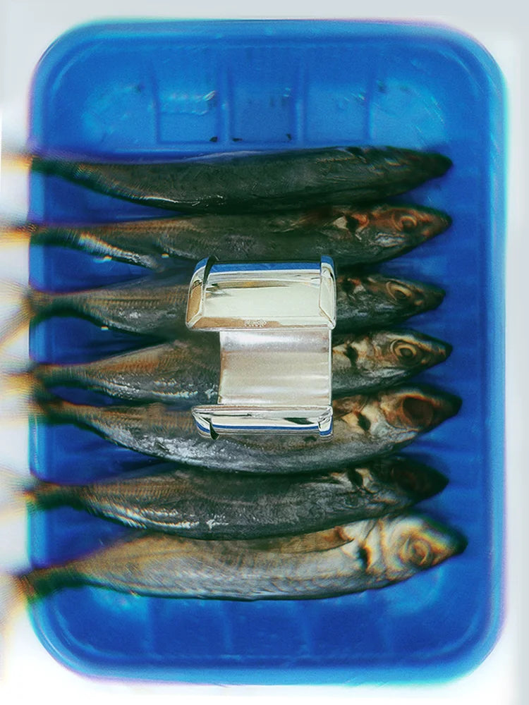 Fairies Whisper Fish Market Series wide silver bracelet with ocean-like shine