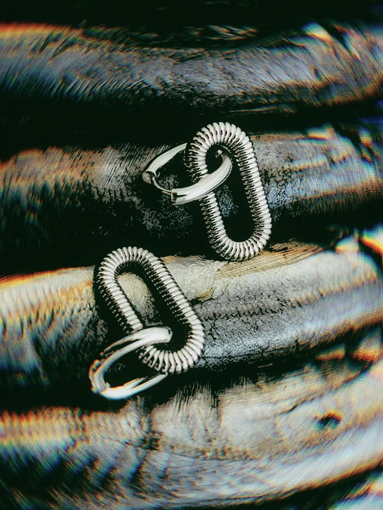 Fairies Whisper Arena series silver earrings, rounded rectangular shape, polished with spiral groove details.