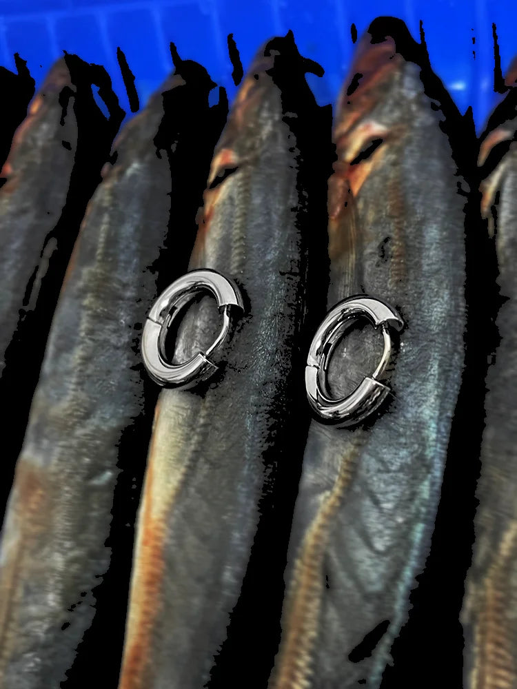 Polished silver Fish Eye earrings styled next to fresh fish, expressing cold marine atmosphere.