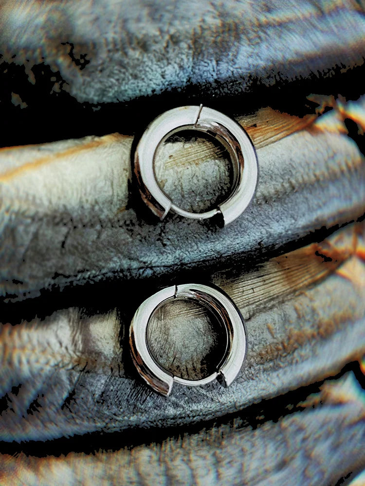 Silver hoop Fish Eye earrings with fish scales in background, evoking sense of life and coldness.