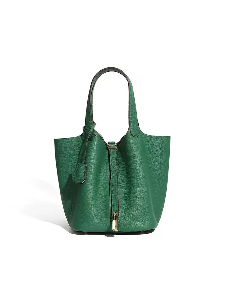 Genuine Leather Bucket Bag Top Grain Cowhide Handbag