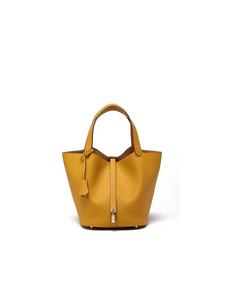 Genuine Leather Bucket Bag Top Grain Cowhide Handbag