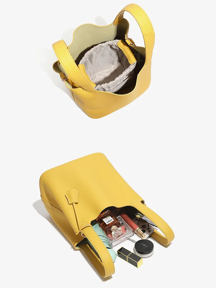 Genuine Leather Bucket Bag Top Grain Cowhide Handbag