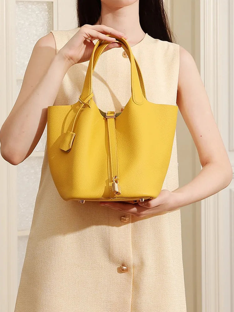 Genuine Leather Bucket Bag Top Grain Cowhide Handbag