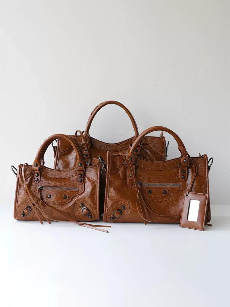 Genuine Leather Motorcycle Bag for Women, Vintage Moto Handbag with Stud Details, Large Capacity Top Handle Shoulder Bag